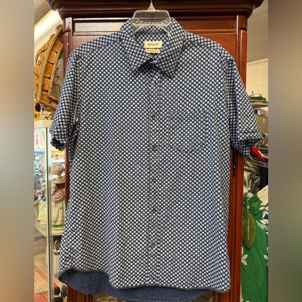 BORGO 28 knit sport shirt XL short sleeve button up navy blue linen cotton blend